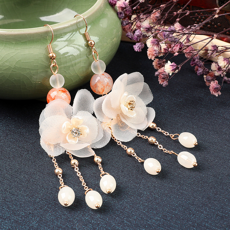 古风耳环民族风耳坠香槟色绢布桃花耳钩复古古典气质流苏汉服耳饰