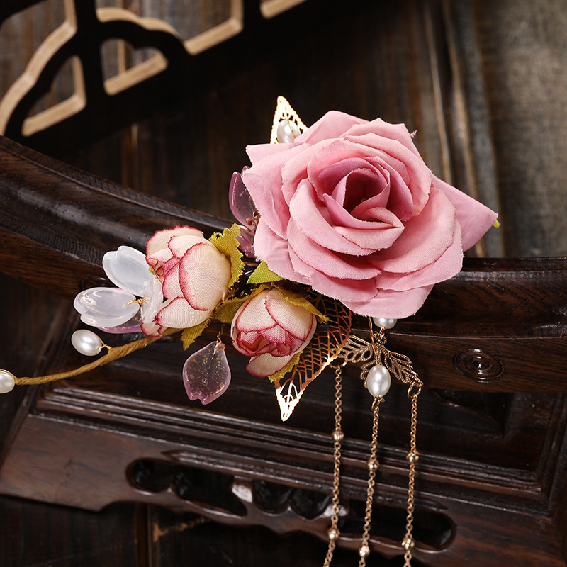 Fashionable pearl long tassel style women's ancient style flanged fabric large flower decoration women's elegant metal pair details Picture