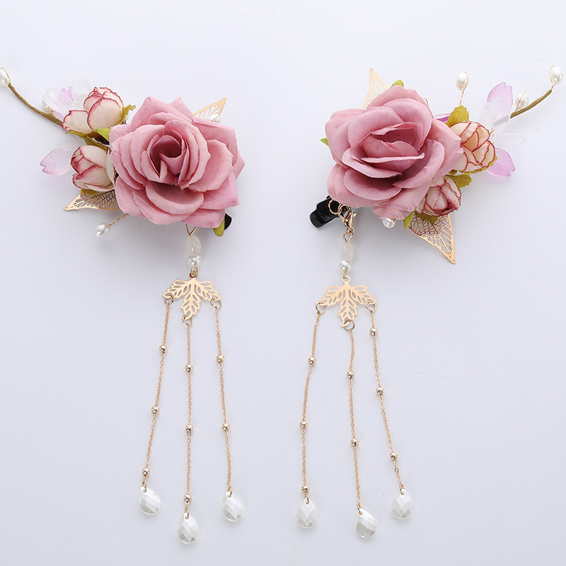 Fashionable pearl long tassel style women's ancient style flanged fabric large flower decoration women's elegant metal pair Item Picture