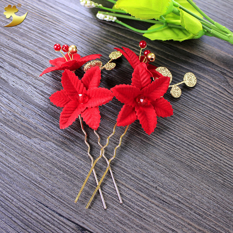 Wholesale of Chinese-style wedding simulation flower ancient-style bride hair accessories, ancient-style crop dress, red velvet hairpins and other accessories
