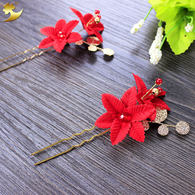 Wholesale of Chinese-style wedding simulation flower ancient-style bride hair accessories, ancient-style crop dress, red velvet hairpins and other accessories Specification image