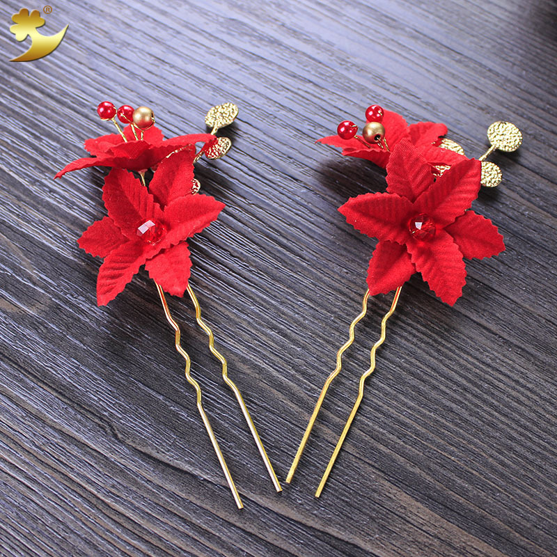 Wholesale of Chinese-style wedding simulation flower ancient-style bride hair accessories, ancient-style crop dress, red velvet hairpins and other accessories Application Scenario