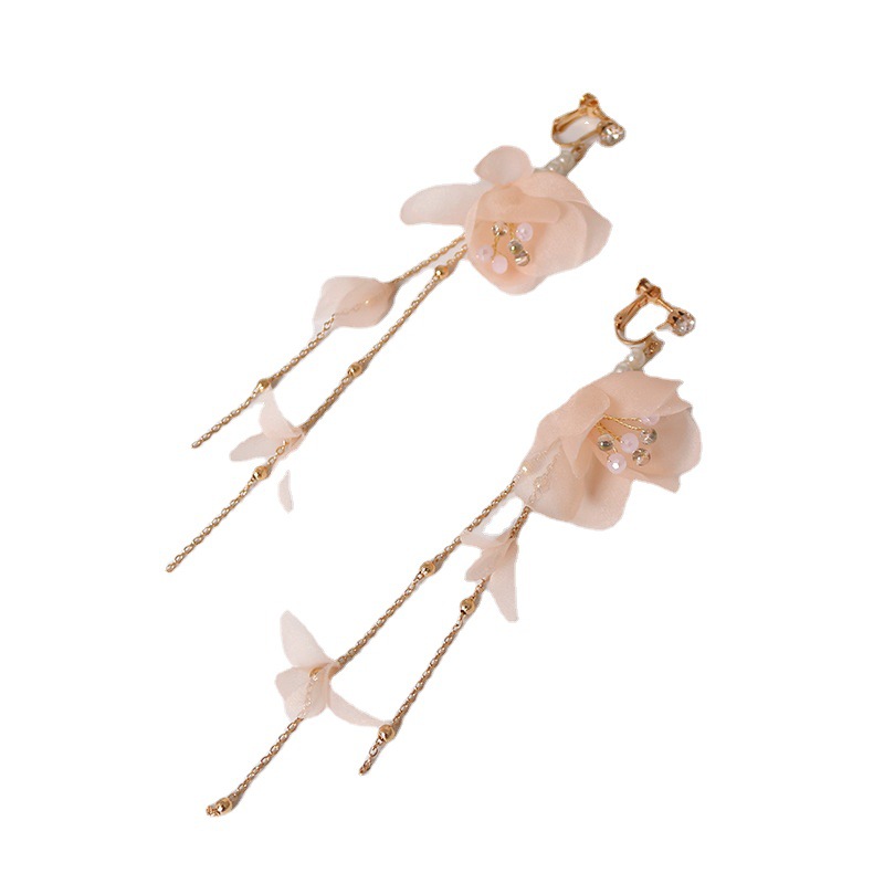 Korean sweet pearl string inlay pearl pink flower gold chain pendant ear clip 2022 Internet celebrity shooting prop ancient-style earrings Item Picture