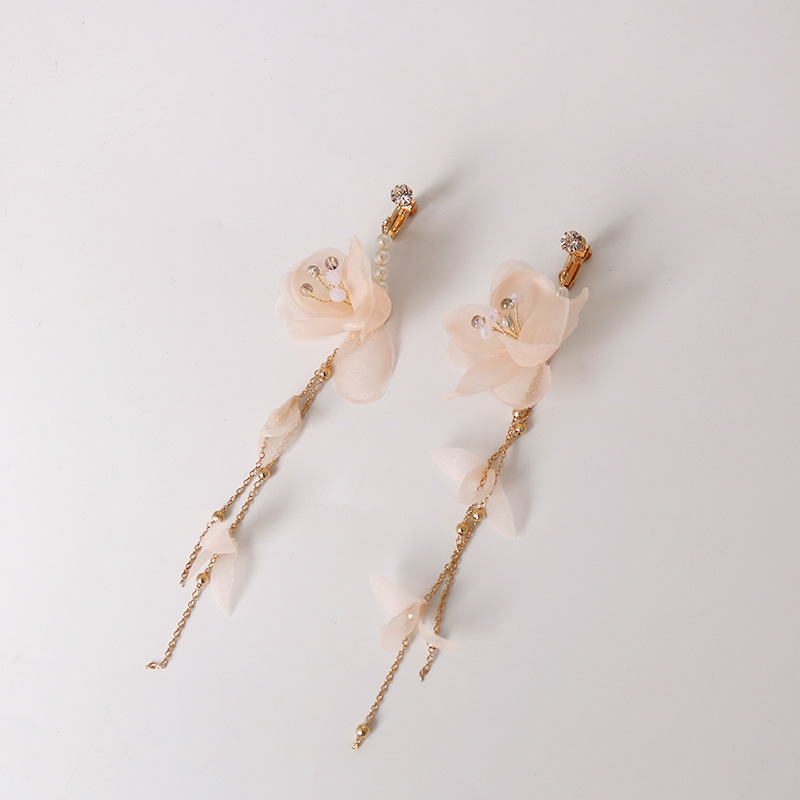 Korean sweet pearl string inlay pearl pink flower gold chain pendant ear clip 2022 Internet celebrity shooting prop ancient-style earrings