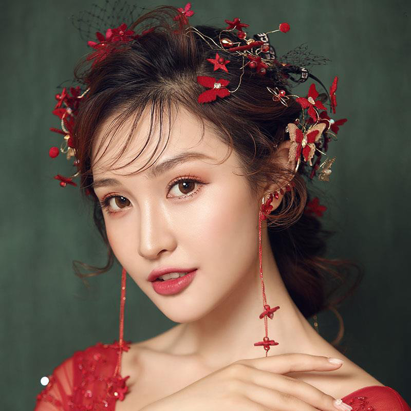 Butterfly fairy ear pendants, princess long tassel earrings, wedding toasting headwear and earrings for brides in Japan and South Korea
