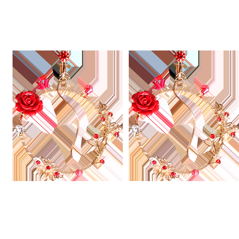 Bride earrings, European and American golden ear clips, round rose earrings without ear holes, wedding festival red crystal earrings Item Picture