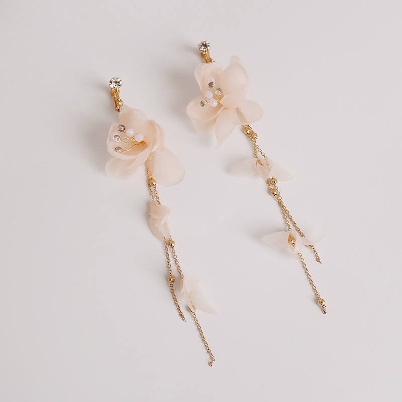 Korean sweet pearl string inlay pearl pink flower gold chain pendant ear clip 2022 Internet celebrity shooting prop ancient-style earrings details Picture