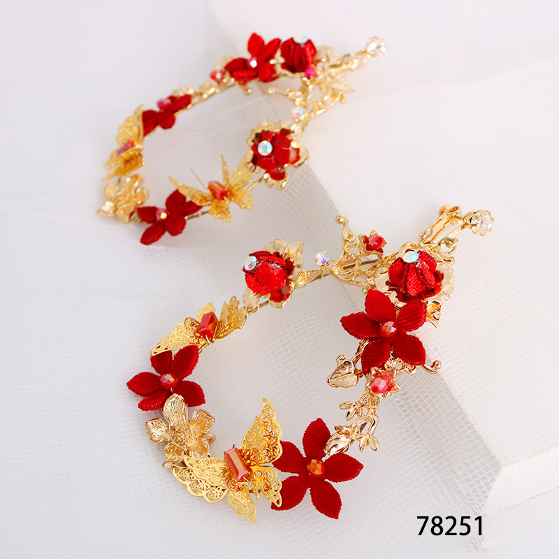 Chinese-style bride headwear earrings, big red velvet flower buds, super ethereal butterfly oval ear clips, court wedding dress toasting accessories