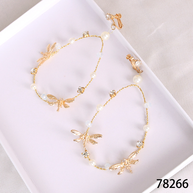 New bride headwear from Japan and South Korea, super fairy earrings, dragonfly oval ear clips, princess wedding accessories, pearl earrings Specification image