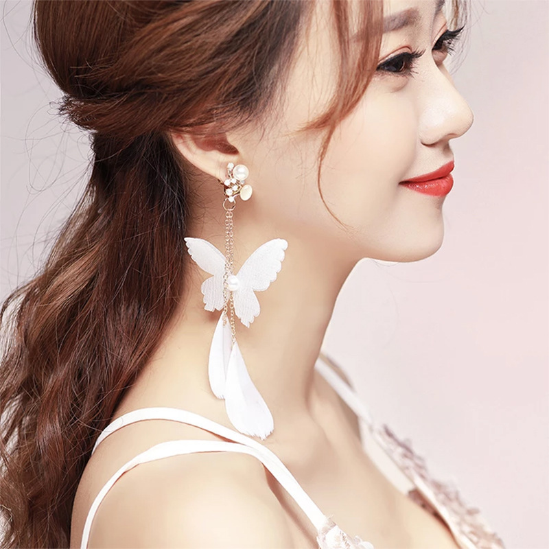 韩国羽毛耳环2020新款森女超仙洁白单色耳饰流苏气质显瘦耳饰批发