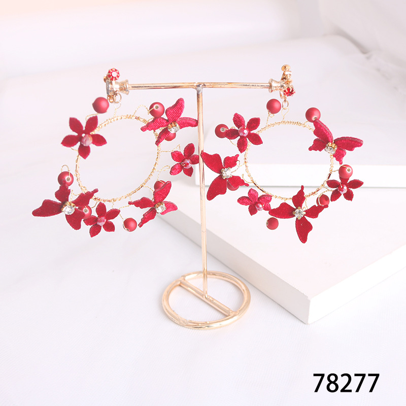 Korean-style retro beaded velvet exaggerated bride butterfly earrings, red large circle ear clips, wedding dress accessories Application Scenario