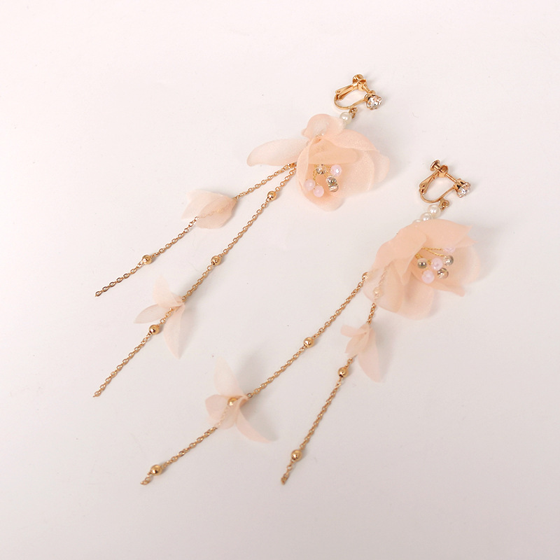 Korean sweet pearl string inlay pearl pink flower gold chain pendant ear clip 2022 Internet celebrity shooting prop ancient-style earrings Specification image