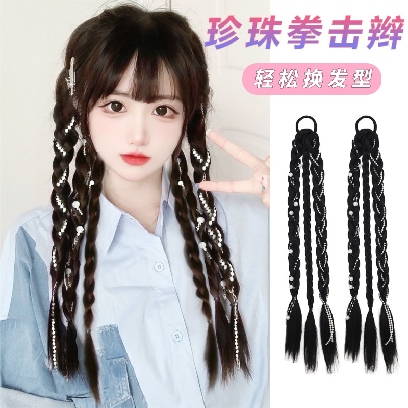 Sweet and cool boxing braids, double pearl braids, wigs, girls' high school ponytails, pure hand-woven, internet-famous moon-shaped pearl braids, ponytails