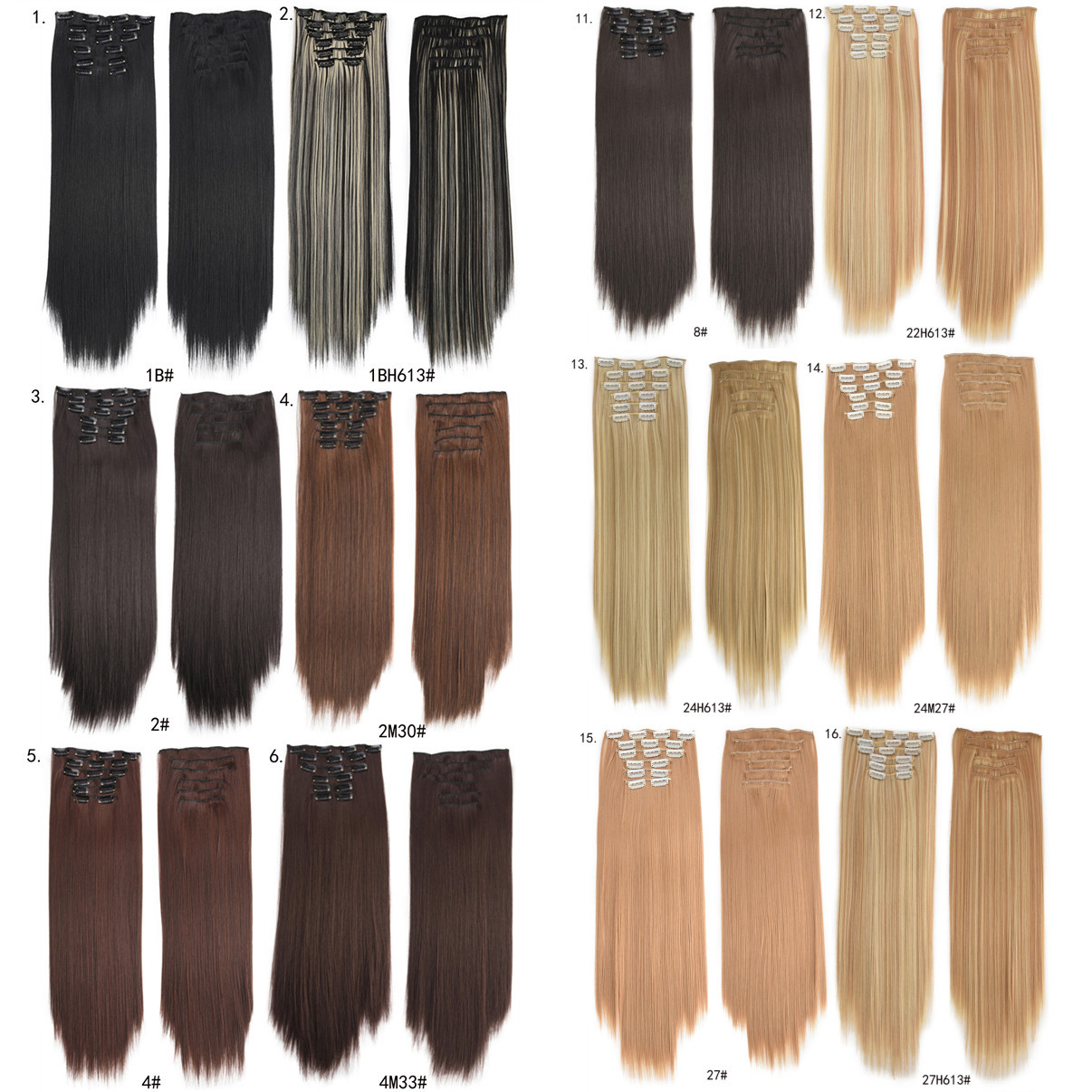 16-clip long straight hair wig for women, 6-piece clip hair extension, 6-piece straight hair extension, 6-piece hair extension details Picture