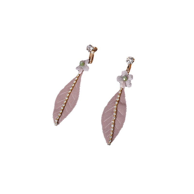 New creative rose-pink color, diamond-encrusted crystal, cute flower and leaf ear clips, handcrafted head accessory Item Picture