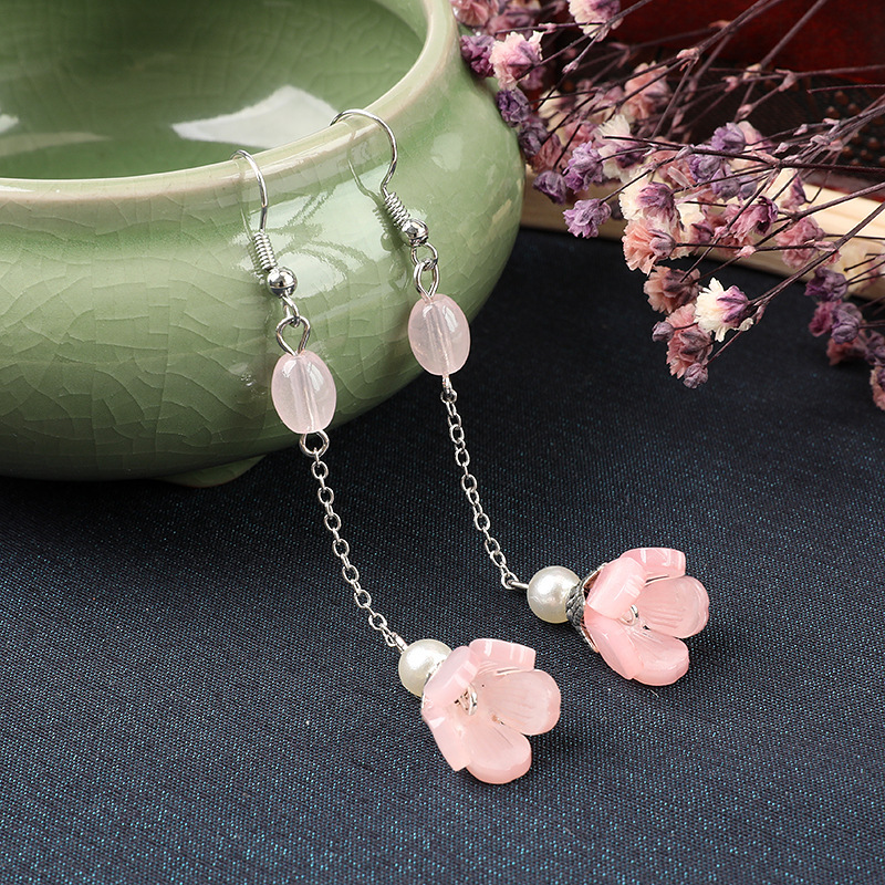 流苏耳环复古清新简约浅粉色小花耳钩汉服古风珍珠桃花耳坠吊坠