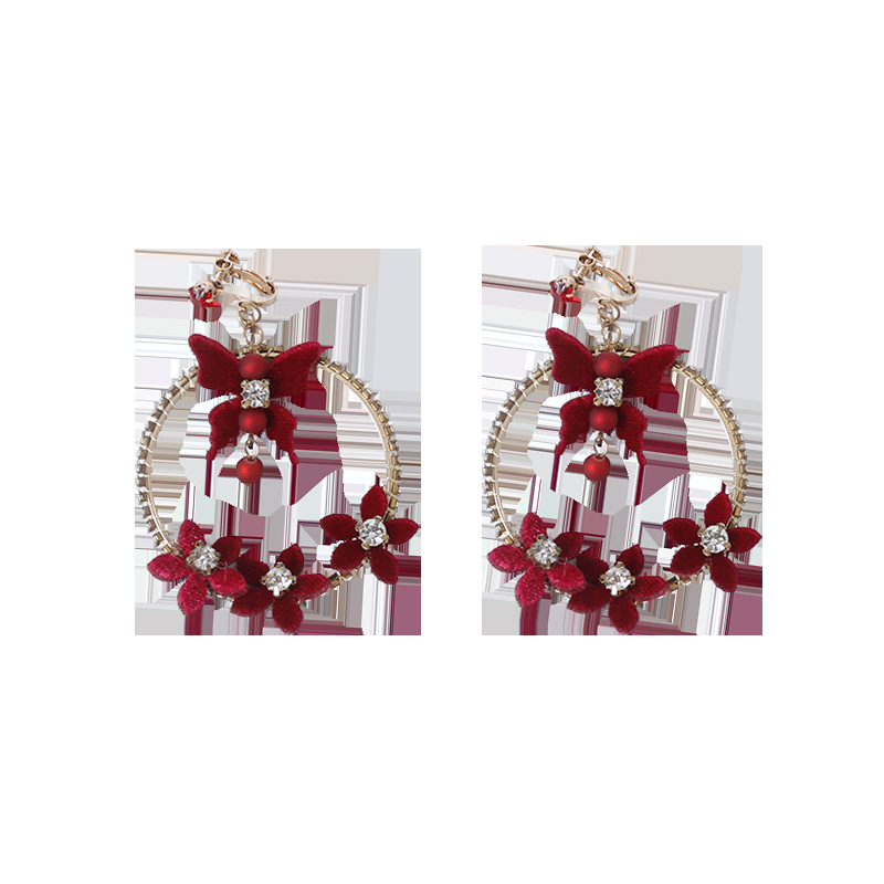 Retro red bride's headwear, flower bow rhinestone earrings, Burgundy round ear clips, and earrings without ear piercings Item Picture