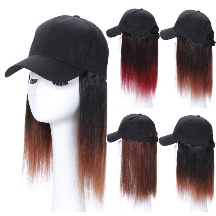 Real hair long straight hair hat wig a summer Bob baseball cap wig short straight hair wig head cover