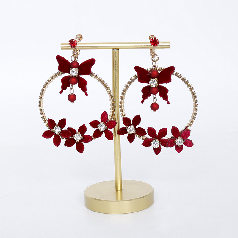 Retro red bride's headwear, flower bow rhinestone earrings, Burgundy round ear clips, and earrings without ear piercings details Picture