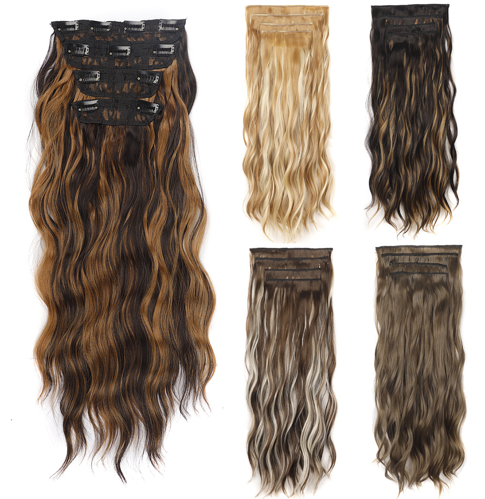Foreign trade wigs, women's long curly hair, wig pieces, clips, four-piece set, chemical fiber hair extensions, water ripple curly hair replacement pieces