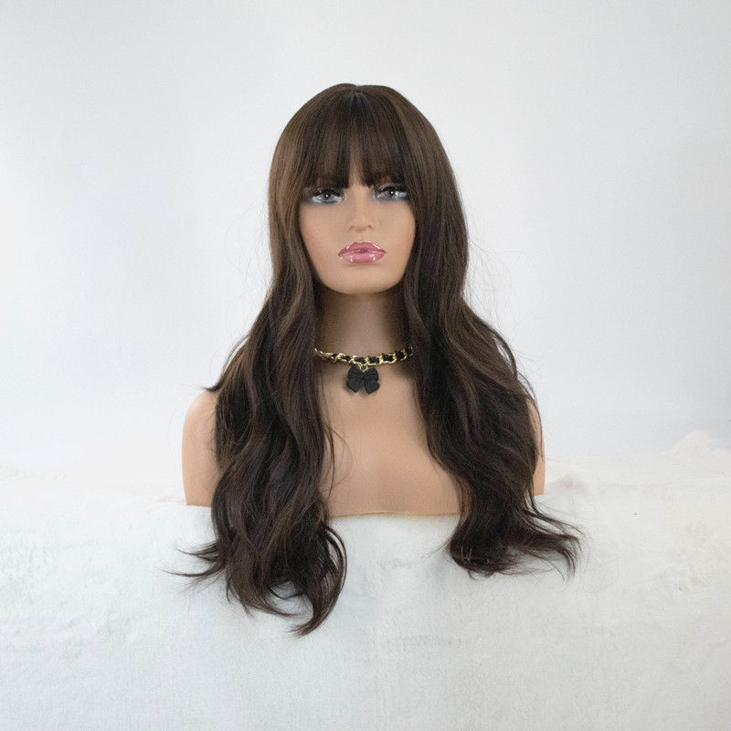 Wholesale of best-selling air bangs, deep coffee-colored water ripples, realistic matte high-temperature silk long curly hair wigs