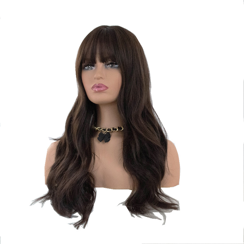 Wholesale of best-selling air bangs, deep coffee-colored water ripples, realistic matte high-temperature silk long curly hair wigs Item Picture