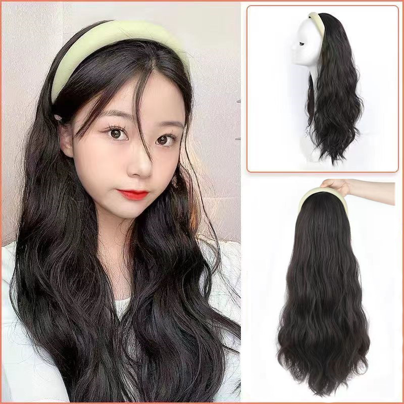 Factory direct sales of wigs, women's fashionable long hair curls, hair bands, one-piece half-head sets, summer wigs, one-piece curls