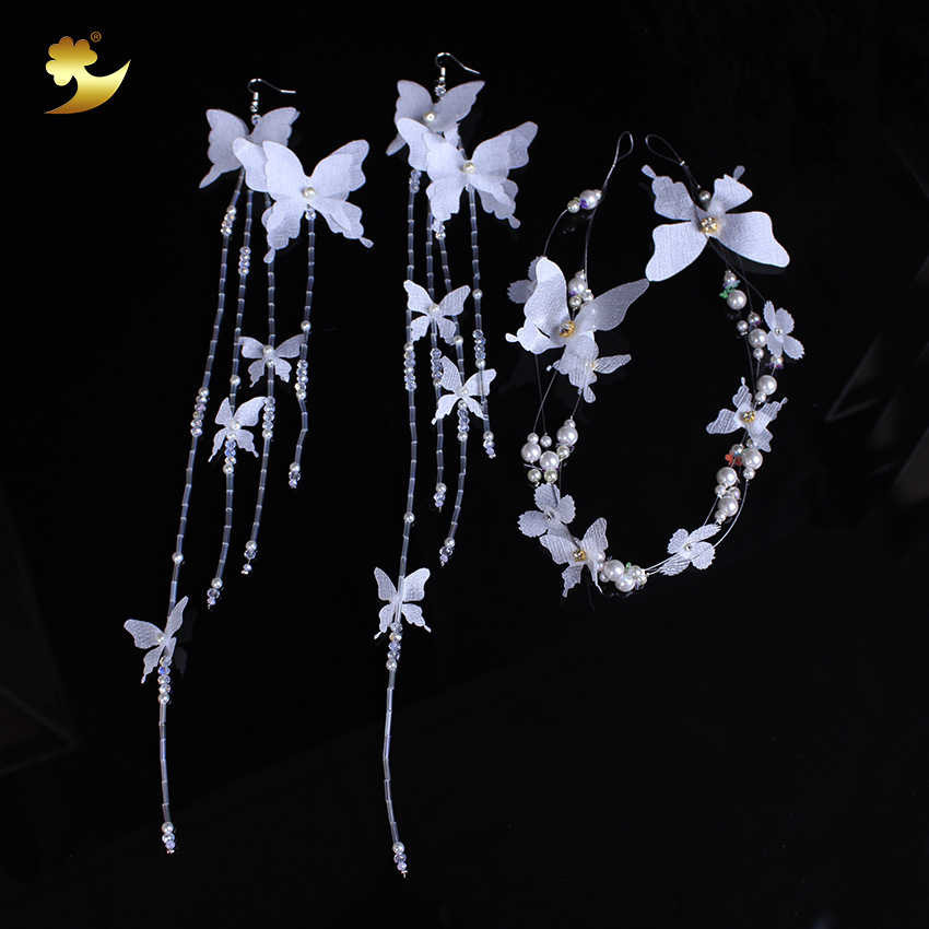 Korean-style crystal tassel earrings, fashionable and simple white butterfly jewelry, women's pure handcrafted long tassel earrings Item Picture