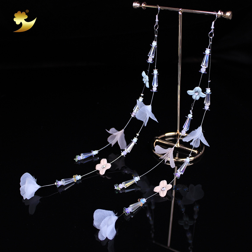 Women's super fairy-like crystal tassel earrings, long, handcrafted colorful flower earrings from Japan and South Korea Specification image