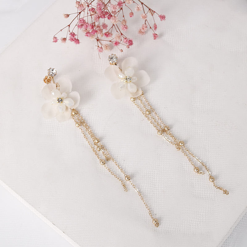 Zinc handcrafted alloy chain crystal flower champagne gauze ear clips details Picture