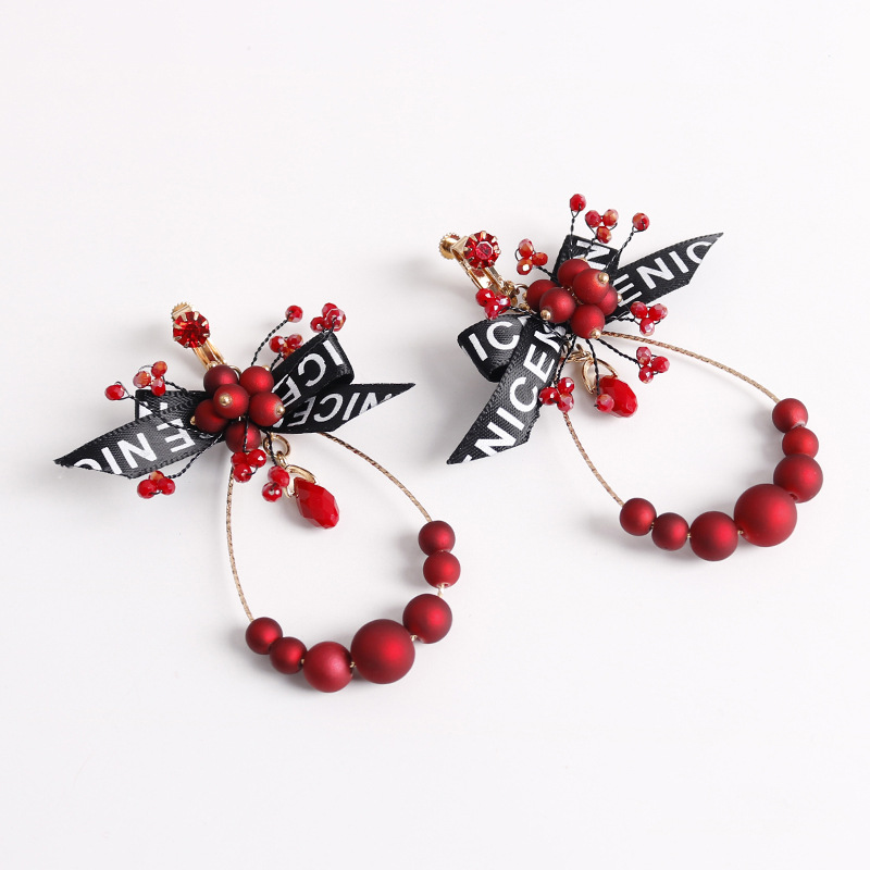 2020 New printed bow red crystal pearl teardrop-shaped ear clips Specification image