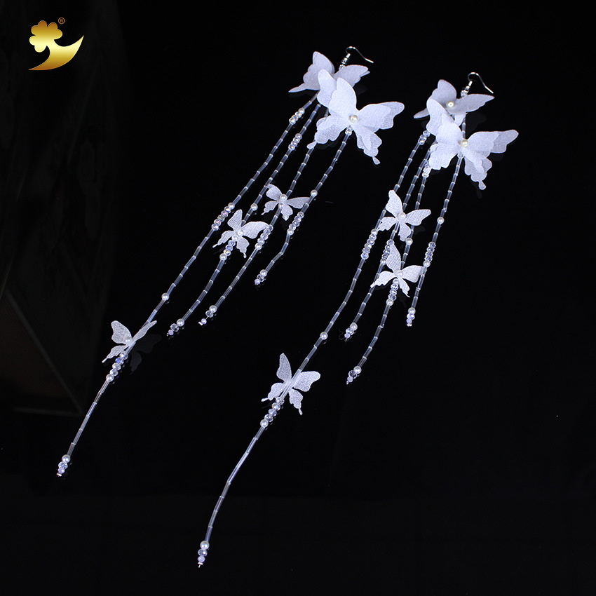 Korean-style crystal tassel earrings, fashionable and simple white butterfly jewelry, women's pure handcrafted long tassel earrings Specification image