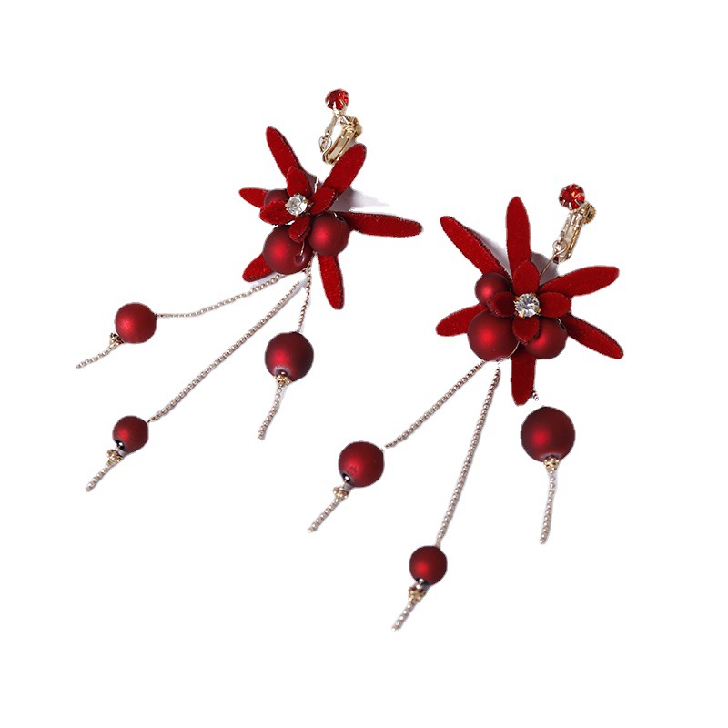 New wine red velvet chain rubber ball ear clips, exaggerated shooting prop earrings for Internet celebrities Item Picture