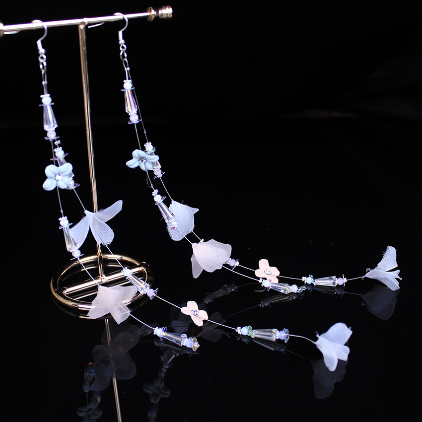 Women's super fairy-like crystal tassel earrings, long, handcrafted colorful flower earrings from Japan and South Korea details Picture