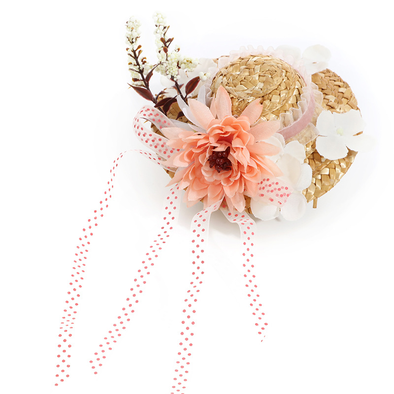Summer beach large-brim fashionable straw hat, Japanese-style sun protection hat, outdoor travel woven floral lace-up hat Item Picture