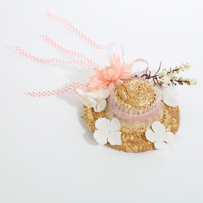 Summer beach large-brim fashionable straw hat, Japanese-style sun protection hat, outdoor travel woven floral lace-up hat details Picture