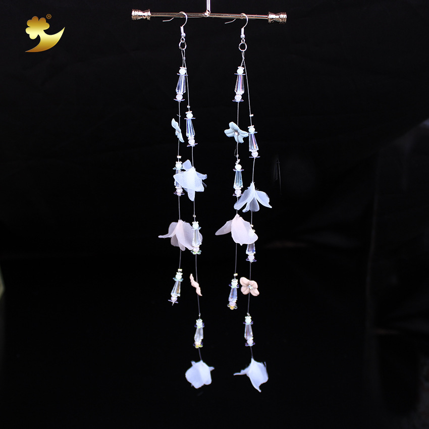 Women's super fairy-like crystal tassel earrings, long, handcrafted colorful flower earrings from Japan and South Korea
