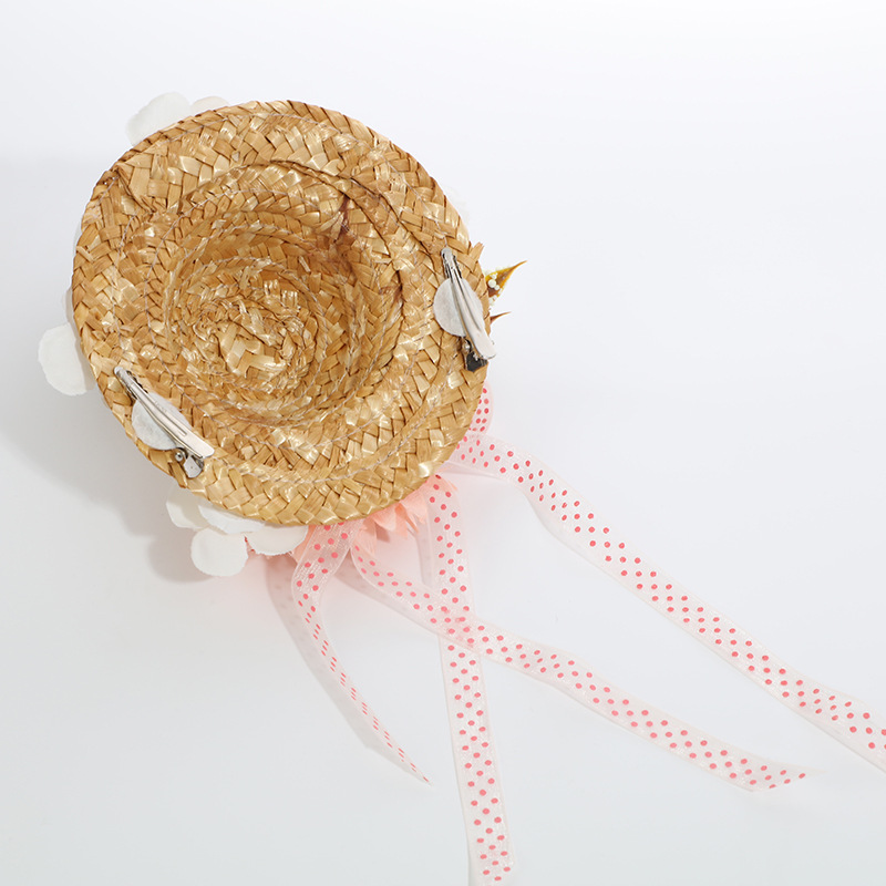 Summer beach large-brim fashionable straw hat, Japanese-style sun protection hat, outdoor travel woven floral lace-up hat Specification image