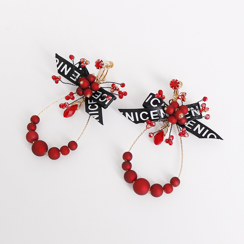 2020 New printed bow red crystal pearl teardrop-shaped ear clips