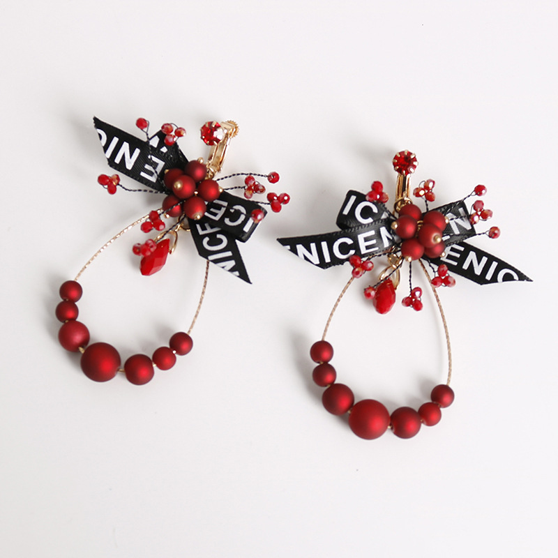2020 New printed bow red crystal pearl teardrop-shaped ear clips details Picture