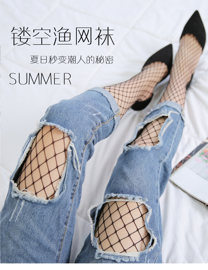 Black silk fishing net socks, women's Instagram trendy, thin and sexy 2022 bestsellers, black jk lace summer fishing net socks details Picture