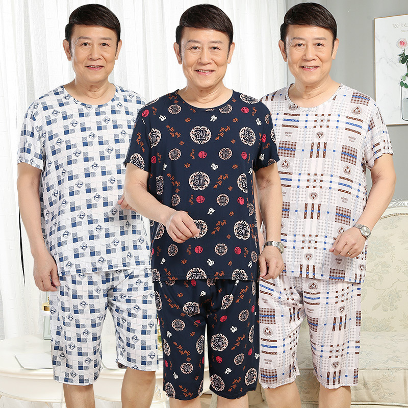 Pajama men summer Dad cotton and silk pajama set for middle-aged and elderly people short-sleeved home wear. Large-sized pajama for the elderly can be worn outside