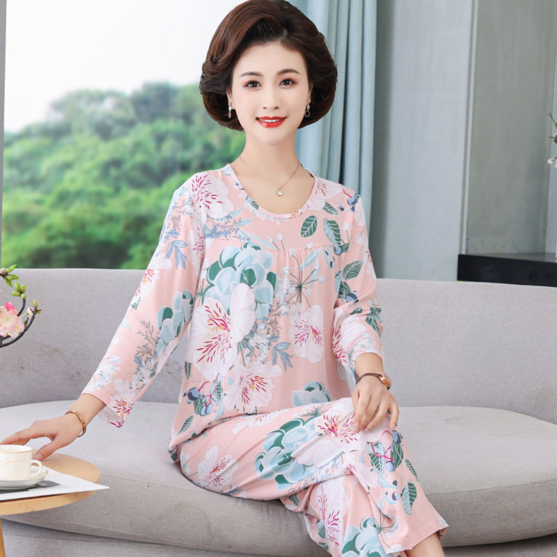 Pajama Women 2022 New Spring and Autumn Women's long-sleeved cotton silk home wear Mom Set Loose, large size summer