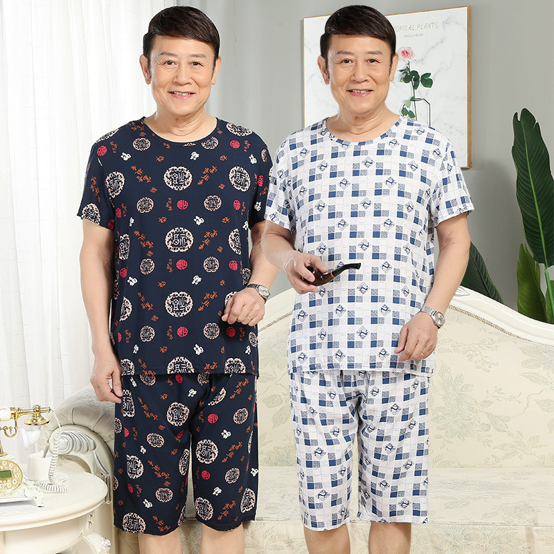 Pajama men summer Dad cotton and silk pajama set for middle-aged and elderly people short-sleeved home wear. Large-sized pajama for the elderly can be worn outside Item Picture