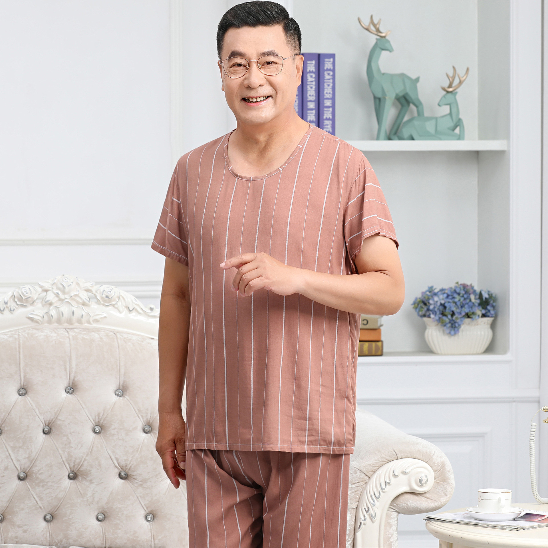 40-count cotton and silk suit for men: Cotton and silk pajamas for elderly grandfathers and artificial cotton men's home wear for middle-aged and elderly fathers Application Scenario