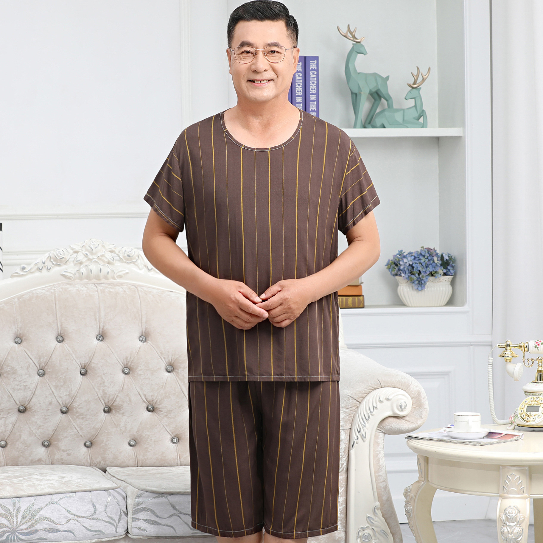 40-count cotton and silk suit for men: Cotton and silk pajamas for elderly grandfathers and artificial cotton men's home wear for middle-aged and elderly fathers details Picture