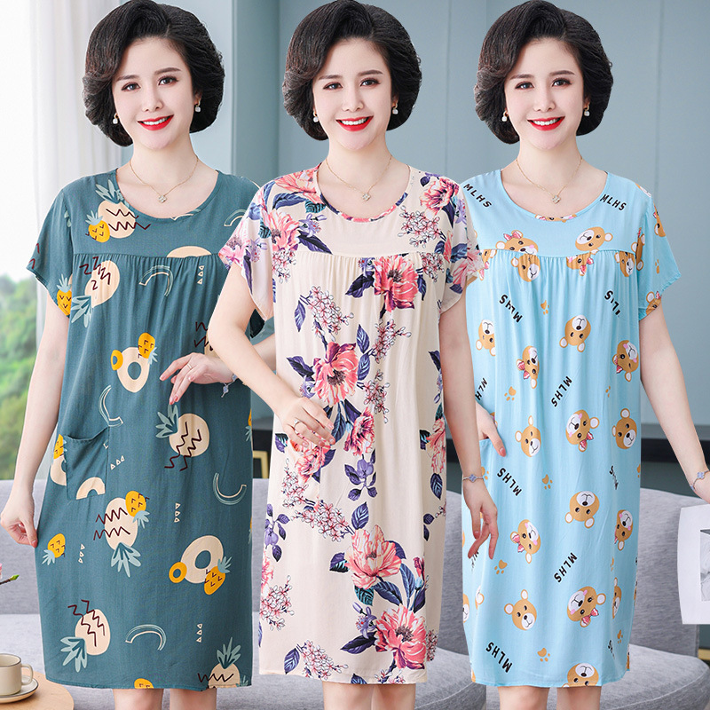 Cotton and silk sleeping skirts for middle-aged and elderly people, women's summer 2022 new artificial cotton pajamas, mom's home wear set, short sleeves Specification image