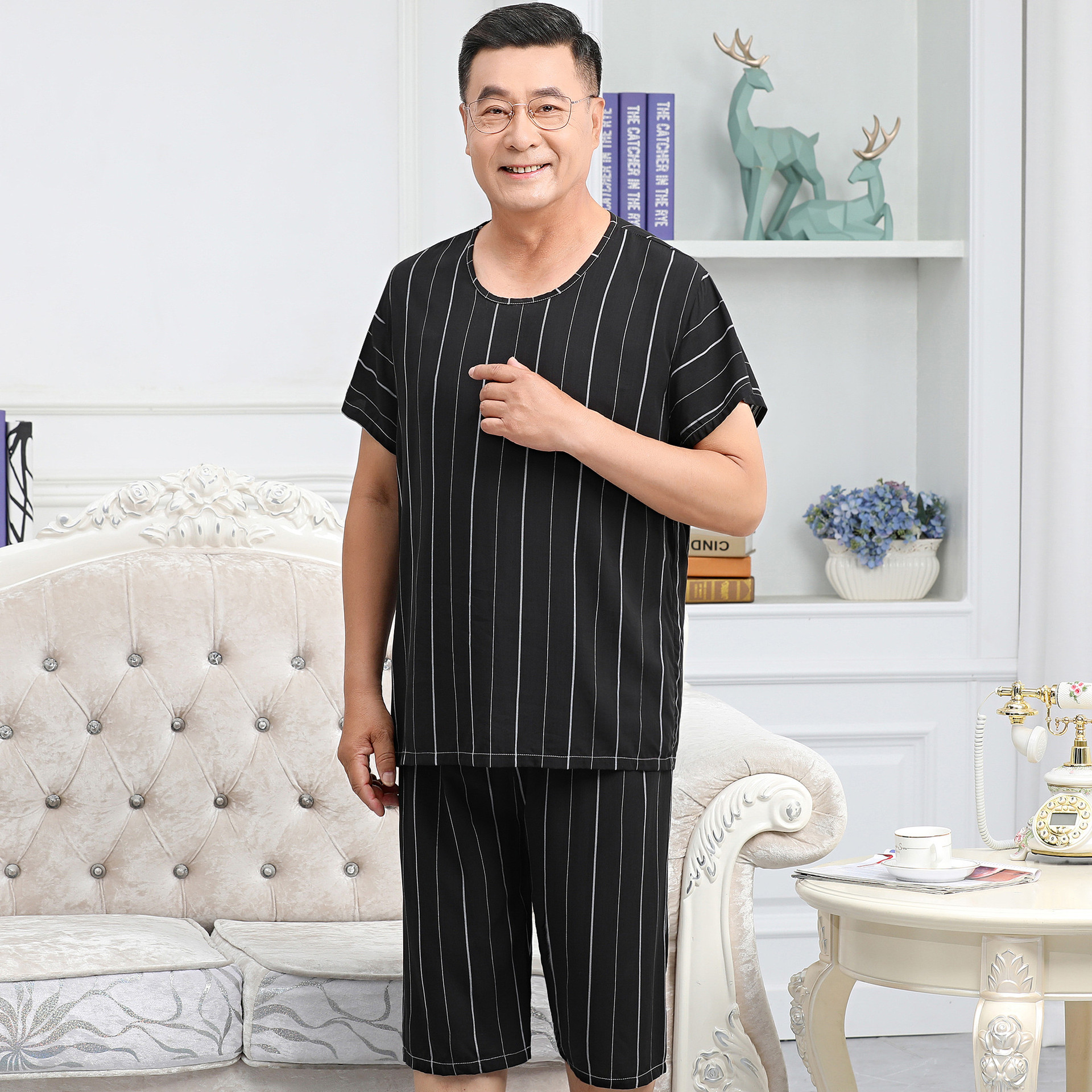 40-count cotton and silk suit for men: Cotton and silk pajamas for elderly grandfathers and artificial cotton men's home wear for middle-aged and elderly fathers Item Picture