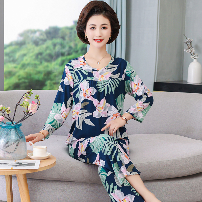 Pajama Women 2022 New Spring and Autumn Women's long-sleeved cotton silk home wear Mom Set Loose, large size summer details Picture