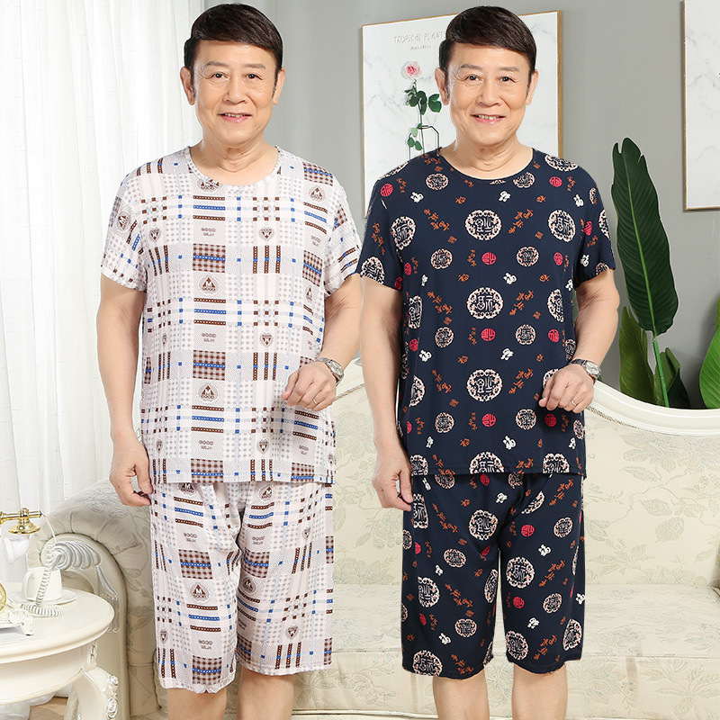 Pajama men summer Dad cotton and silk pajama set for middle-aged and elderly people short-sleeved home wear. Large-sized pajama for the elderly can be worn outside Application Scenario